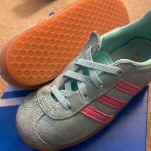 Kids Light Blue Suede Sneakers with Pink Stripes - Kids Shoes